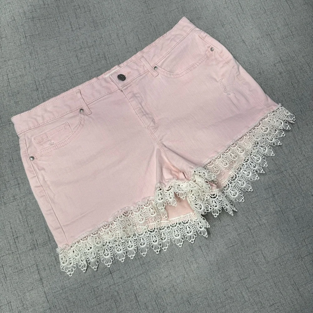 Jessica Simpson Pink Nomad Distressed Jean Shorts with Lace Crochet Trim 31